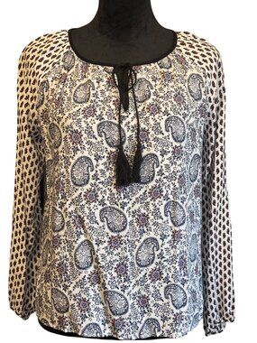 Chelsea & Theodore Womens Long-Sleeve Paisley & Polka Dot Blouse S 100% Rayon Bo